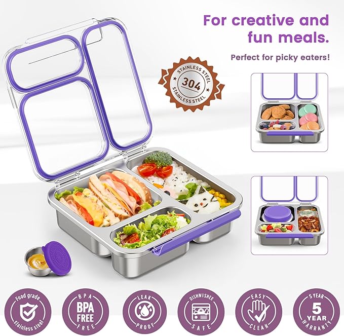 Stainless Steel Bento Box Kids Adult with 7oz Soup Thermo, Transparent Lid 3 Compartments Metal Bento Lunch Box with Insulated Food Jar,Lunch Box Container Sauce Cup for School,BPA-Free(Purple)