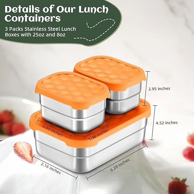 HaWare 8oz*2+25oz Stainless Steel Lunch Containers, Leak Proof Food Storage Snack Containers with Silicone Lids, Portable Sandwich Containers, Easy Open Bento Lunch Box for School Daycare