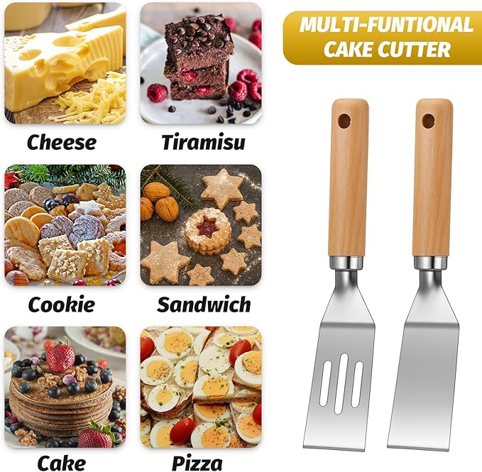 Patelai 2 Pack Small Spatula Mini Serving Brownie Spatula for Serving and Flipping Cooking Pancakes Desserts Cookie Eggs Lasagna (Solid,Slotted,Wooden Handle)