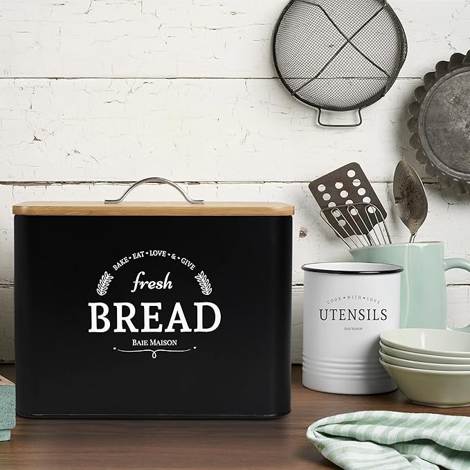 Extra Large Black Farmhouse Bread Box for Kitchen Countertop - Breadbox Holder Fits 2+ Loaves - Bread Storage Container Bin - Rustic Bread Keeper Vintage Metal Kitchen Decor (Black with Wood Lid)