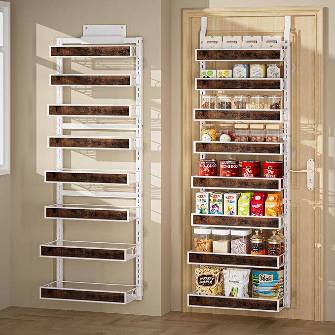 Over The Door Pantry Orangizer,8 Tier Wall Mounted or Hanging Spice Rack with Adjustable Wood Basket,Metal Heavy Duty Behind Door Storage Shelf for Kitchen Pantry and Bathroom