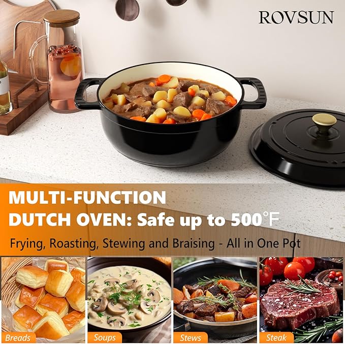 ROVSUN Enameled Cast Iron Round Dutch Oven, 6QT Pot with Lid &Dual Handles with Silicone Gloves,Oven Safe up to 500°F, Heavy-Duty Pre-Seasoned Cookware for Bread Baking, Braising, Stews, Roasting, Black