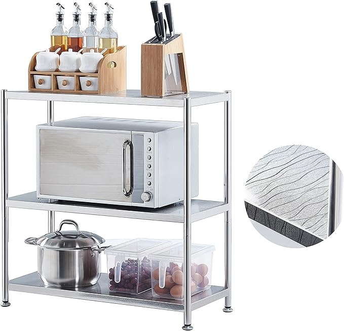 susunnus Stainless Steel Shelves 23.6in-3 Tier, Stainless Steel Shelf Organizer, Kitchen Storage Shelves, Artistic Texture, Pragmatic& Sturdy & Waterproof