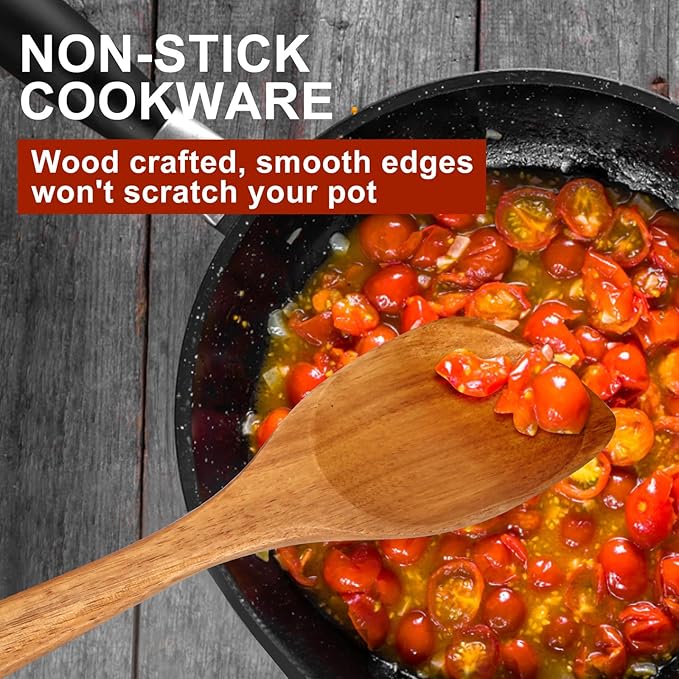 Large Wooden Spoons for Cooking Spatula Non Toxic Teak Kitchen Utensil Best Acacia Wood Cooking Spoon for Mixing Serving Non Stick Bamboo Kitchen Utensils Big Corner Stirring Spoon Long Handle Spatula