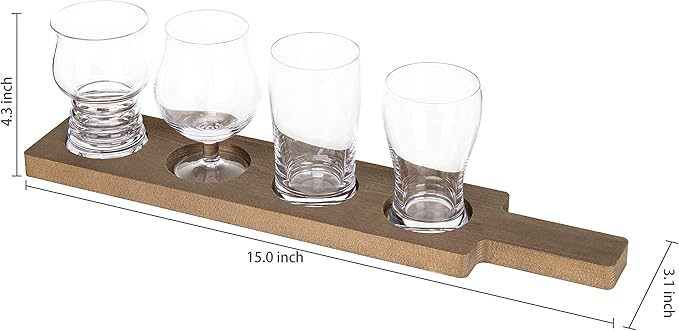 MyGift Rustic Solid Wood Sampler Tray Beer Flight Holder Serving Set with 4 Glasses and Erasable Chalkboard Label (Brown Solid Wood)