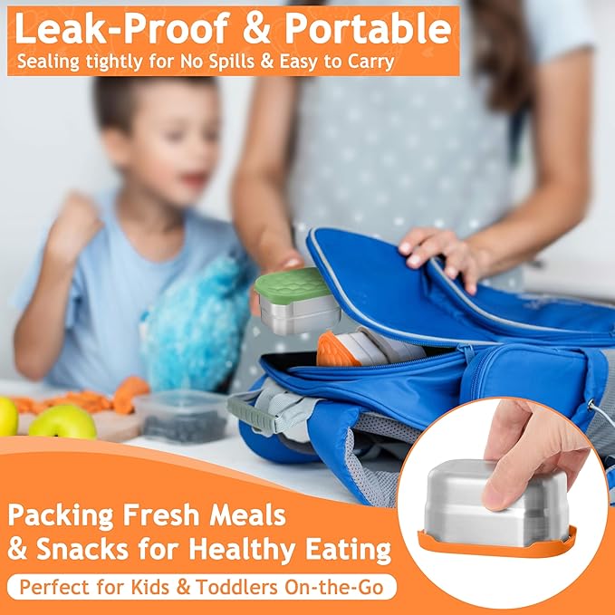 Homikit 3 Pack Snack Containers for Kids, 18/10 Stainless Steel Toddler Lunch Box with Silicone Lids, Reusable Bento Food Container Set for School Daycare, Nontoxic & Leak Proof, Green/Khaki/Orange