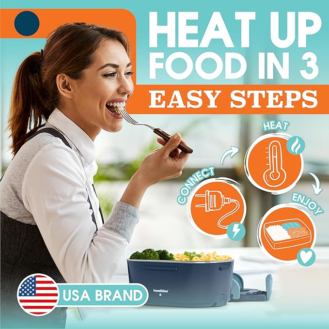 TRAVELISIMO Electric Lunch Box for Adults 80W Heated Lunch Box For Men 1.5L Stainless Steel Portable Food Warmer, 12/24/110V Electric Food Warmers for Travel & Work, Loncheras Para Hombres de Trabajo