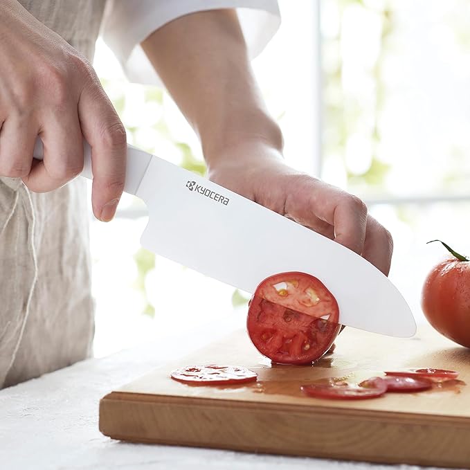 Kyocera INNOVATIONwhite 5.5" Ceramic Santoku Knife - White Z212 Blade with Non-Slip White Handle