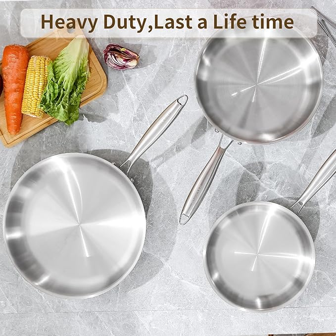 DELARLO Tri-Ply Stainless Steel Frying Pan, All Cooktops Compatible Up to 650℉, Oven Safe Induction Skillet, 12.5 inch Non toxic Cooking Surface, Fast & Even Heat, Durable Cookware