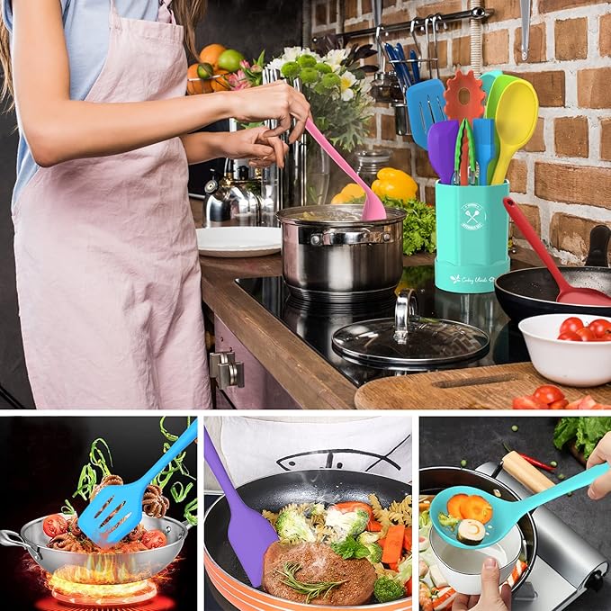 Silicone Kitchen Utensils Set, 16-Piece Silicone Cooking Utensils by Deedro, Heat Resistant Kitchen Tools Set with Holder, Nonstick Spatula Kitchen Gadgets for Cooking & Baking, Colorful