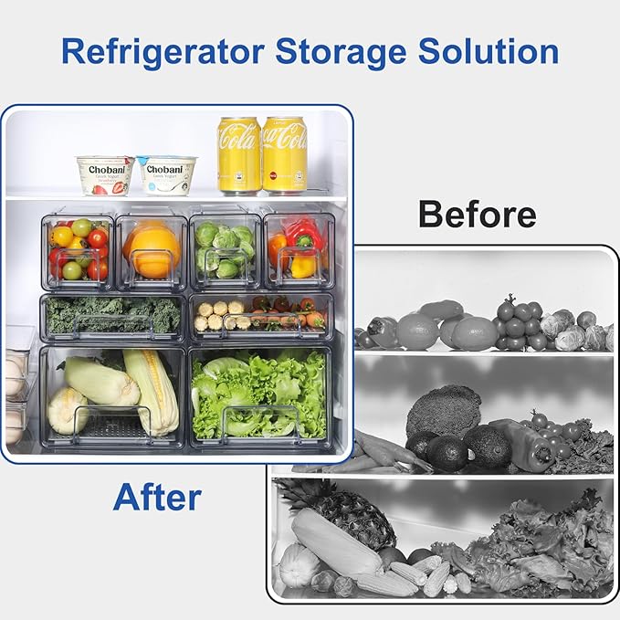 Plastic Clear Fridge Storage Organizer with Drawers & Drainer - Stackable Bins for Kitchen Fruit & Veggie Organization (Complete Set)