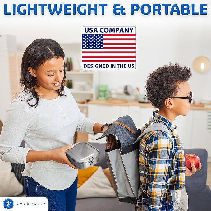 Everusely - Stainless Steel Lunch Box - 40 oz / 1.2 L, 2 Adjustable Dividers - Leakproof Snack and Salad Bento Containers for Adults - Food Storage Boxes with Lids for Work, Picnics, Travel