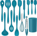 LIANYU 14 Pcs Cooking Utensils Set with Holder, Heat Resistant Silicone Kitchen Cookware Utensils Set, Kitchen Cooking Tools Includes Spatula Spoon Turner Whisk Tong, Dishwasher safe, Dark Blue