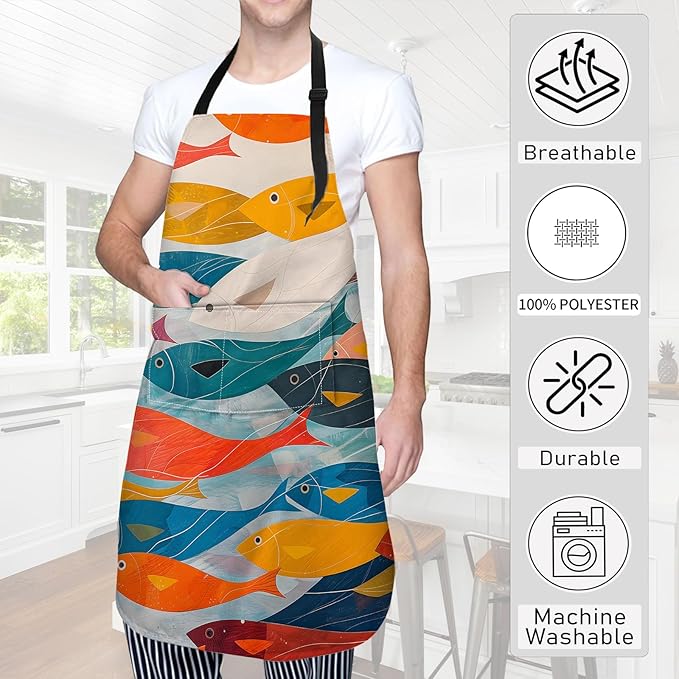 Fish Apron,Oxford Fabric Adjustable Kitchen Apron with 2 Pockets,Waterproof Cooking Aprons for Men Women Mom Wife Dad,Ideal Gifts for Coffee House,Shop,Baking,BBQ,Housewarming,28x33in