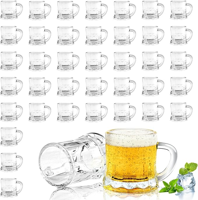 Mini Beer Mugs, 40 Pcs Real Glass Shot Glasses, 1 Oz Clear Beers Glass with Handles Heavy Base Beer Stein Tasting Glasses for Beers, Whiskey, Tequila, Vodka