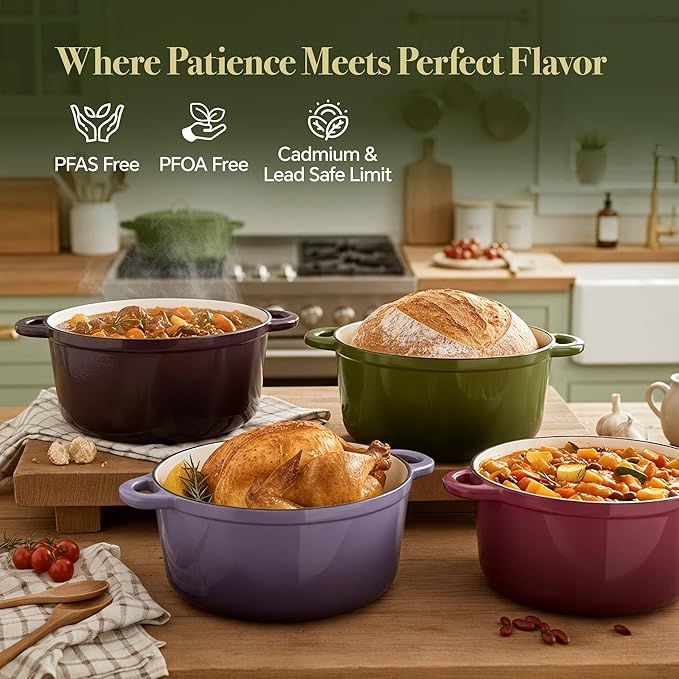 4.5 Quart Dutch Oven Pot with Lid, Non Stick Enameled Cast Iron Dutch Oven for Bread Baking, Heavy-Duty, Oven Safe Ceramic Cookware Up to 500°F for Baking, Braising, Stews, Roasting, Golden Green
