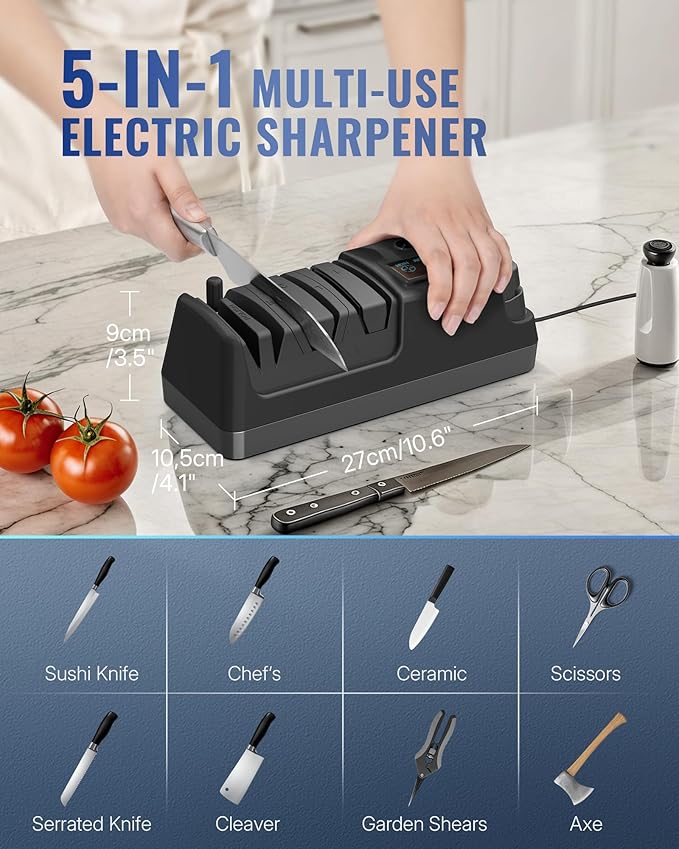 Electric Knife Sharpener, 5-in-1, 3 Rotational Speed Adjustable Electric Knife Sharpener for Straight/Serrated/Ceramic Knives, Scissors, Chef Knives, Axes,Black B01KS06