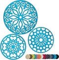 3 Set Silicone Trivet Mats with 1 Extra Large Included | Intricately Carved Insulated Flexible Durable Non Slip Thick Round Premium Trivets for Hot pots and Pans | Light Blue