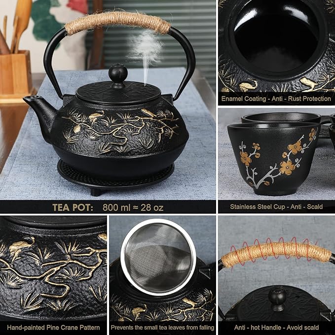 RekRang Longevity Crane Cast Iron Teapot, Japanese Style Tetsubin Tea Kettle with 4 Cups, Removable Infuser and Trivet, Antique Cast Iron Tea Set for Stove, 800ml, 28Ounce