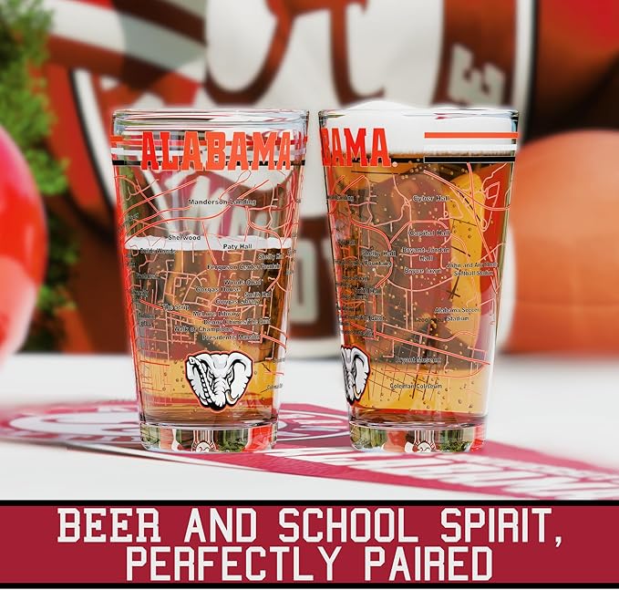 Greenline Goods – University of Alabama Crimson Tide College Pint Beer Glasses (Set of 2), 16 oz – Full-Color Logo + Campus Map