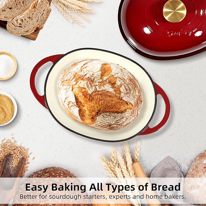 Davivy 6QT Oval Bread Dutch Oven with Silicone Baking Mat, Enameled Cast Iron Dutch Oven for Sourdough Bread Pan 6QT, Cast Iron Bread Cloche Sourdough Pan with Domed Lid - Ruby Red