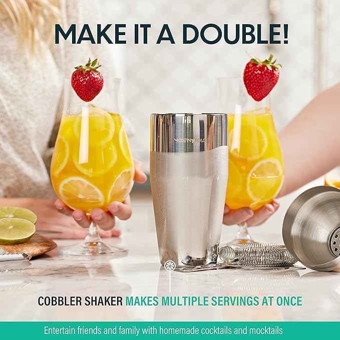 Modern Mixology 21-Piece Cocktail Shaker Set with Stand, Bartender Kit for Home Bar Accessories: 24oz Martini Shaker, Jigger, Strainer, Bar Spoon, Tongs, Opener, Muddler (Silver, Dark Brown Stand)