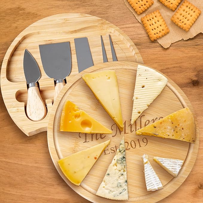 Custom engraved luxury charcuterie board & knife set/4pcs, personalized cheese chopping serving tray for food, for table decoration, personalized gift for dinner hostess (Your text (Est. Year))