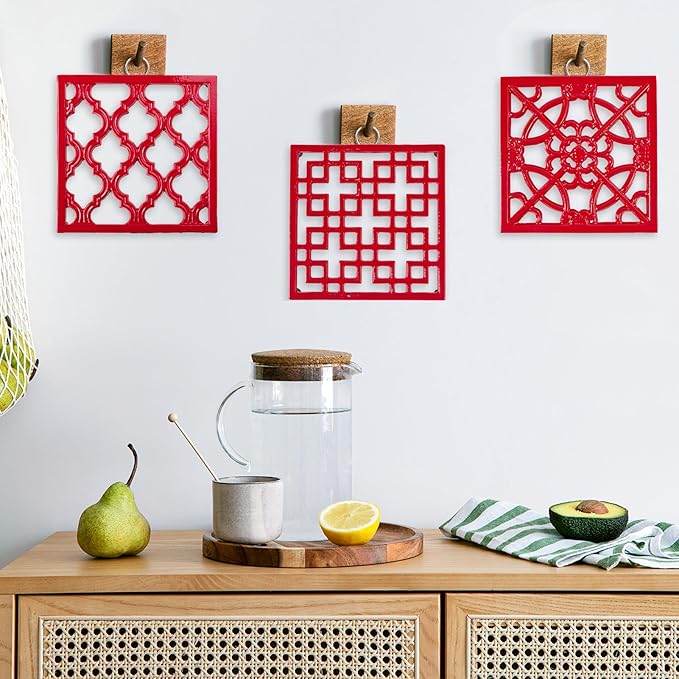 JOGREFUL Cast Iron Trivet Mats, Kitchen Pot Holders to Portect Table/Countertops, Heat Resistant Mats for Teapot/Hot Dishers/Plates, Vintage Mats with Weighted-Base, Red