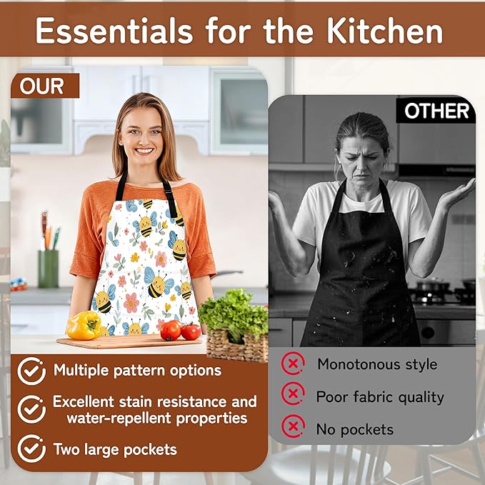 Kitchen Apron with Pocket,Waterproof Adjustable Neck and Long Ties, Cooking Baking Gardening Painting Apron for Women