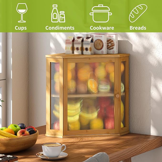 BMOSU Corner Bread Box for Kitchen Countertop Double Layer Bamboo Wooden Bread box Large Capacity Bread Storage Bin(Natural, Extra Large)