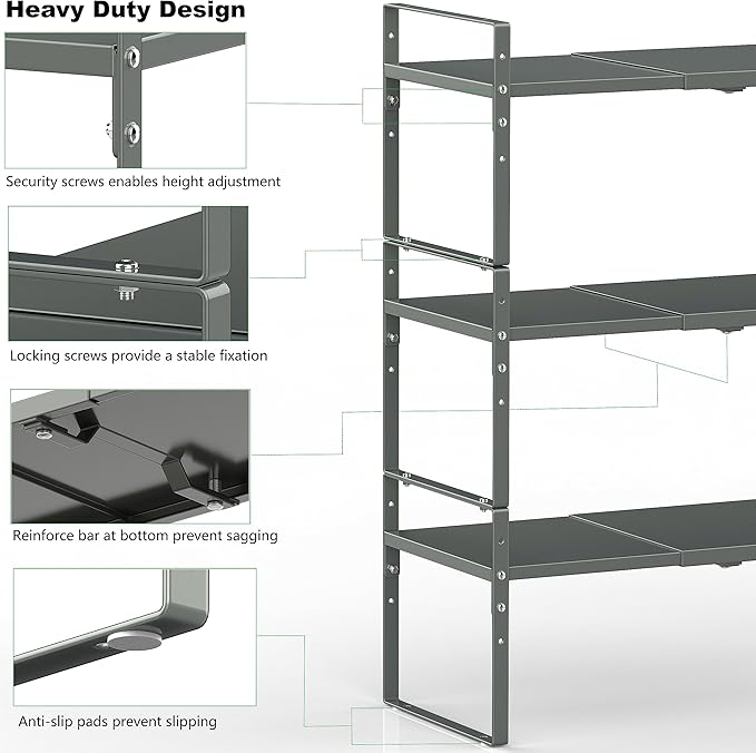Expandable Stackable Spice Rack Cabinet Shelf Organizer in Cabinets Shelves Kitchen Cupboard Organization Stack up Racks Pantry Countertop Storage (Gray, Large 1 Pack)