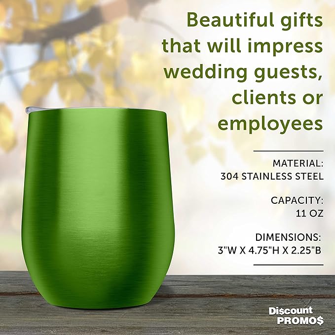 DISCOUNT PROMOS Stemless Wine Glass Tumblers with Lids by Largo 11 oz. Set of 6, Bulk Pack - Perfect for Wine, Cocktails, Other Hot & Cold Beverages - Lime Green