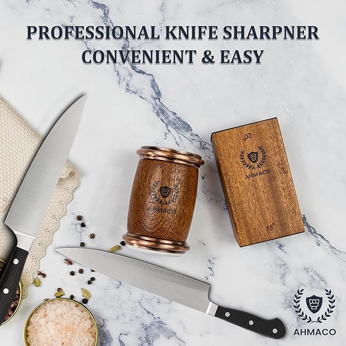 Rolling Knife Sharpener Kit – Knife Sharpening Tool with Magnetic Wooden Base with Diamond & Ceramic Discs | 15° & 20° Angle Kitchen Knife & Razor Sharpener tool Ideal Gift for Chef Home & Outdoor Use
