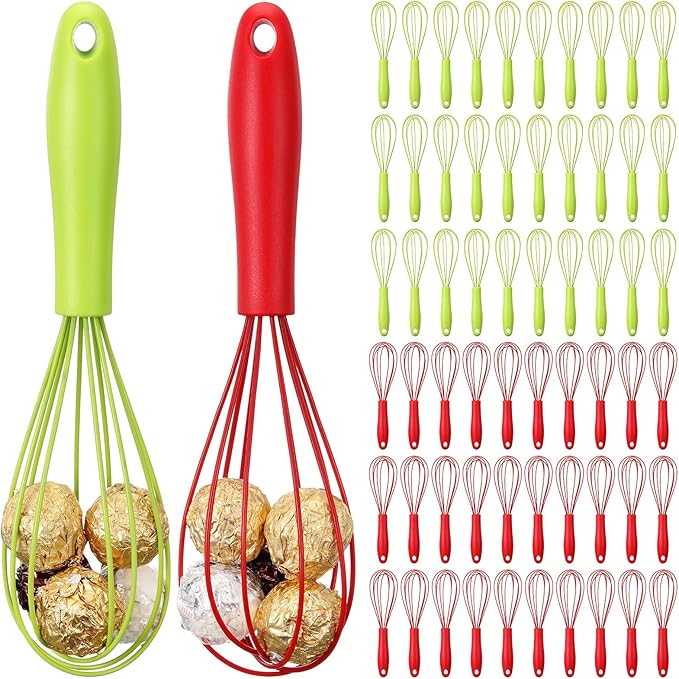 LemonRoad 60 Sets 10 Inch Christmas Whisks Gifts DIY Fillable Christmas Tree Ornaments Red Green Silicone Whisks for Cooking Heat Resistant Egg Beaters Candy Chocolate Holder for Xmas Gifts Favors