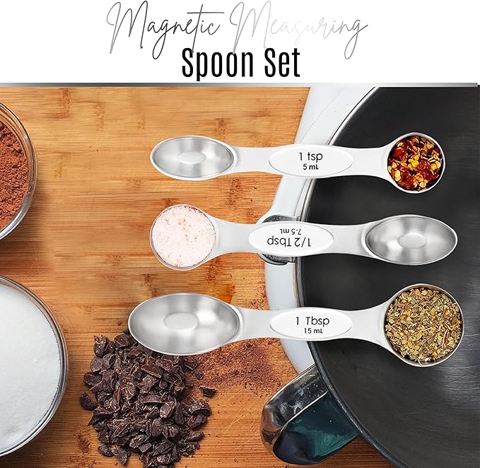 Magnetic Measuring Spoons Set of 9 Stainless Steel Dual-Sided Stackable Measuring Spoon Nesting Teaspoons Measuring Dry and Liquid Ingredients, Fits in Spice Jars Set of 9 (White)