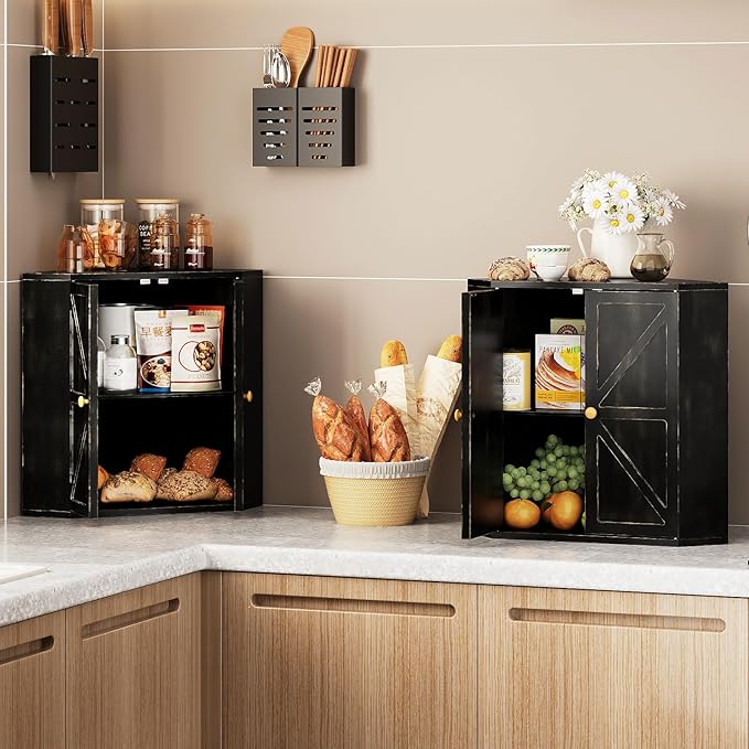 Corner Bread Box for Kitchen Counter Double Layer Bamboo Bread Storage Container Large Capacity Bread Storage Bin Farmhouse Breadbox Organizer (Antique Black)