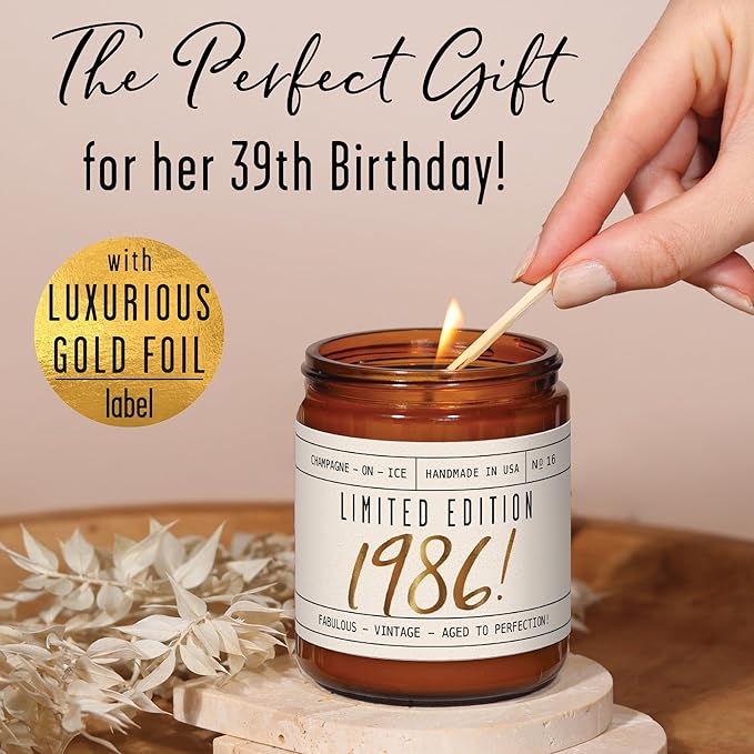 39th Birthday Gifts for Women - 'Limited Edition 1986' Soy Candle, w/Champagne on Ice I 39 Birthday Gifts for Women I 39th Gift for Her Ideas I 9oz Reusable Jar, 50Hr Burn, Made in USA