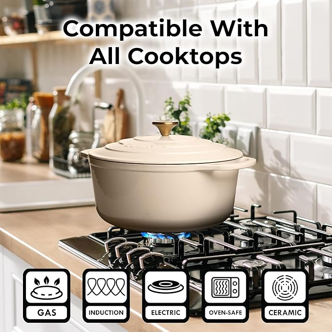 Zulay Kitchen 7.7 Quart Enameled Cast Iron Dutch Oven Pot with Lid – Premium Durability & Oven Safe up to 500°F – Heavy Duty Cookware Perfect for Bread Baking, Stews, Braising & Roasting – Ivory