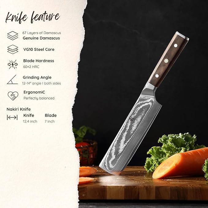 Wakoli HIK Damascus Nakiri Knife – Full Tang Vegetable Knife | 7-Inch Blade Made of 67-Layer Damascus Steel with VG10 Core | Walnut Wood Handle | Sharp, Durable, Gift Box Included