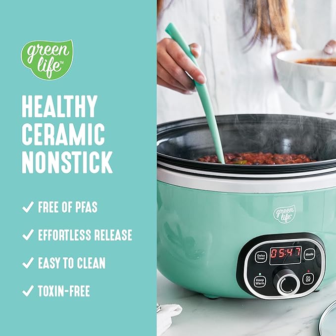 GreenLife 6QT Ceramic Slow Cooker, PFAS-Free, Programmable, Removable Healthy Nonstick Pot for Family Meals, Sear on Stovetop, Keep Warm, Digital Timer, Dishwasher Safe Crock, Turquoise