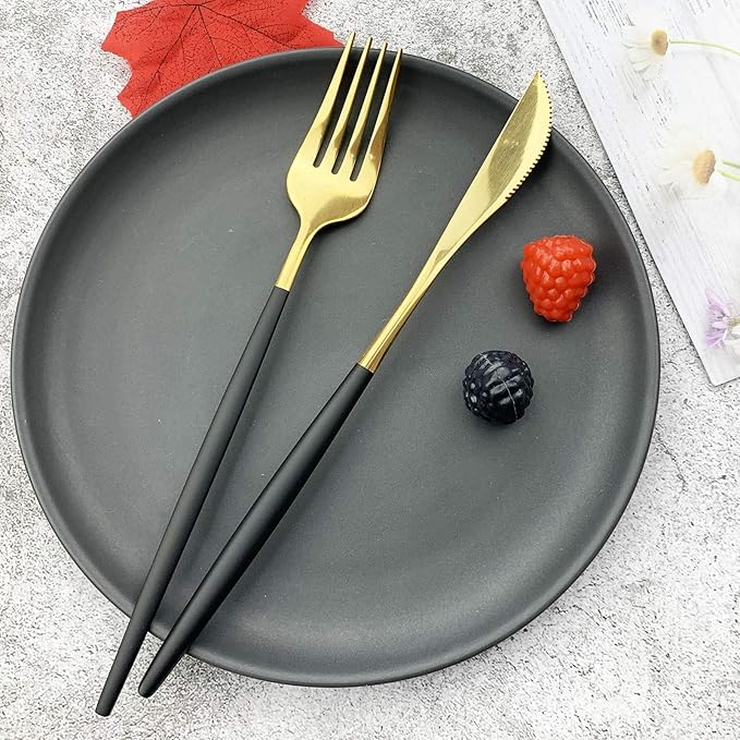 JASHII 18/10 Silver Silverware Set Stainless Steel Flatware Utensils Set Gold Cutlery Set| 36-Piece Modern Cubiertos Dorados| BEST Birthday Wedding Gift (6 sets, Black Handle Gold Mirror Polish)
