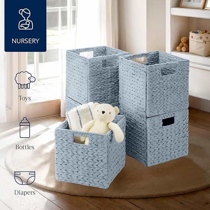 Best Choice Products 10.5x10.5in Pack of 5 Cube Storage Baskets, Water Hyacinth Multipurpose Collapsible Organizers, Handwoven Toy Storage Totes for Kids Room, Nursery & Living Room - Blue