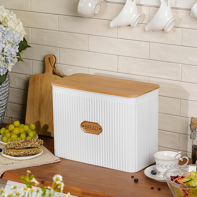 Extra Large Bread Box for Kitchen Countertop Corner Breadbox for Homemade Bread Metal White Vertical Stripe Pattern Embossed Storage Container Bin with Bamboo Lid Fits 2 Loaves of Bread