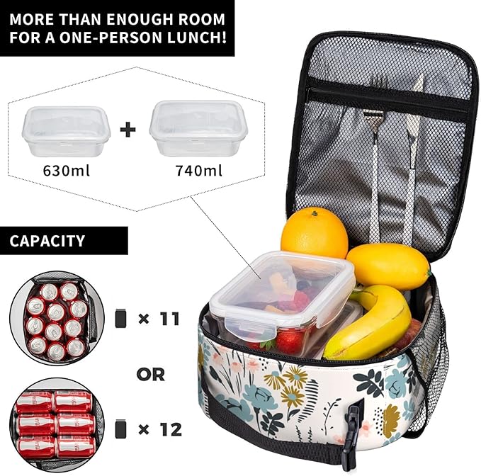 FREEHOTU Floral Pattern Lunch Bag Double Insulated Leakproof Lunch Box Tote Bag Cooler Lunch Organizer for Work Picnic Travel Camping
