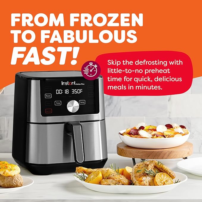 Instant Pot 4QT Vortex Plus 6-in-1 Mini Air Fryer, Custom Program Options, Crisps, Broils, Roasts, Dehydrates, Bakes, Reheats, 100+ In-App Recipes, Stainless Steel,4 Quarts