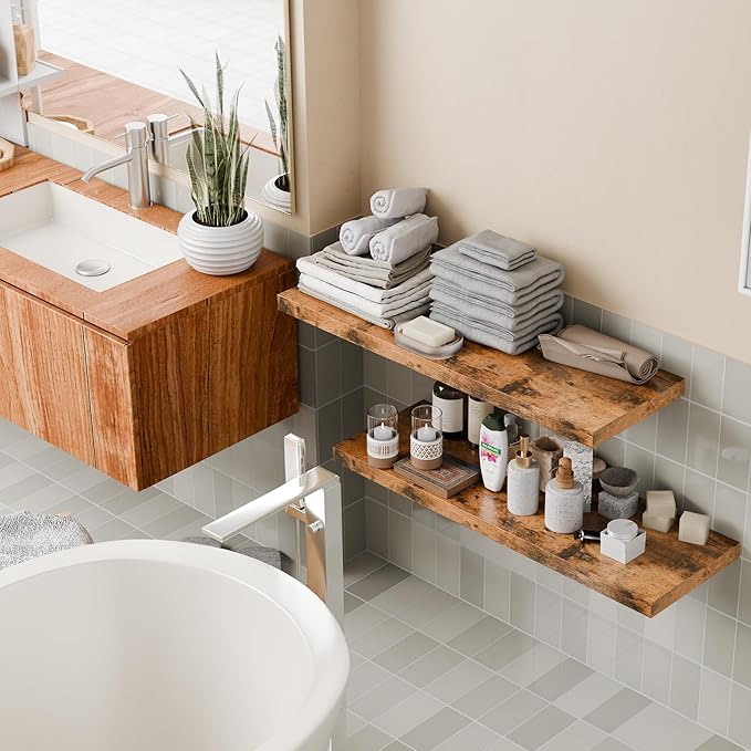 36 Inch Long Floating Shelves for Wall, Rustic Brown 12 Inch Deep Floating Shelves Set of 2, Wall Shelves for Bathroom Over Toilet, Live Edge Display Shelf with Invisible Brackets, Home Decor