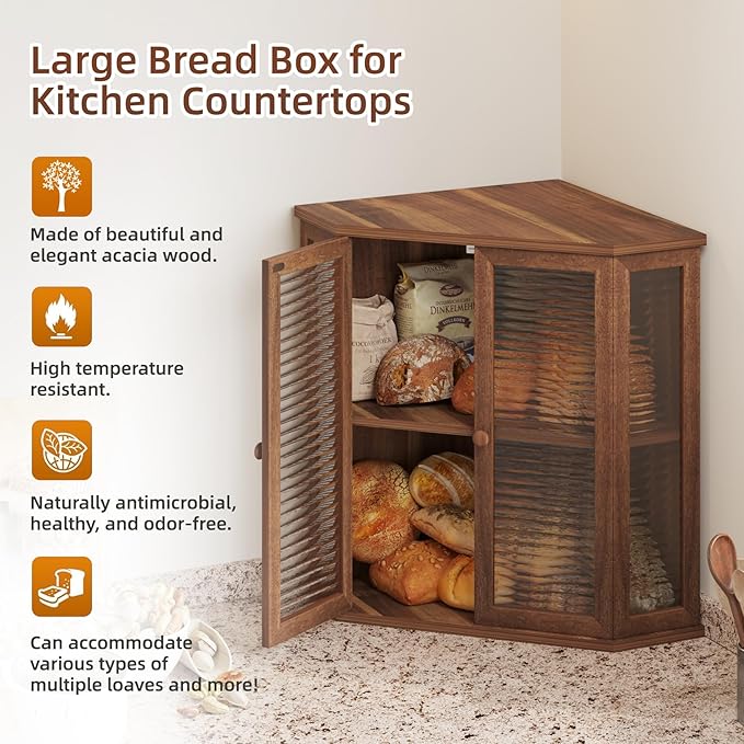 Extra Large Acacia Wood Corner Bread Box for Kitchen Countertop, 16.5 Inch Wooden Breadbox with Glass Wavy Door, Durable Grain Finish, Farmhouse Style Design