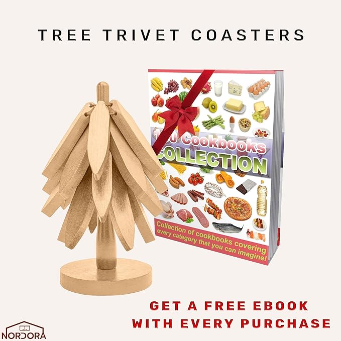Wooden trivets for hot Dishes – 4 Tree-Shaped Coasters & 1 Stand for Hot Pots, Dishes | Heat-Resistant, Space-Saving Pot Rest & Cozy Kitchen Decor, Tree Trivets for Counter + Special Bonus (Beech)