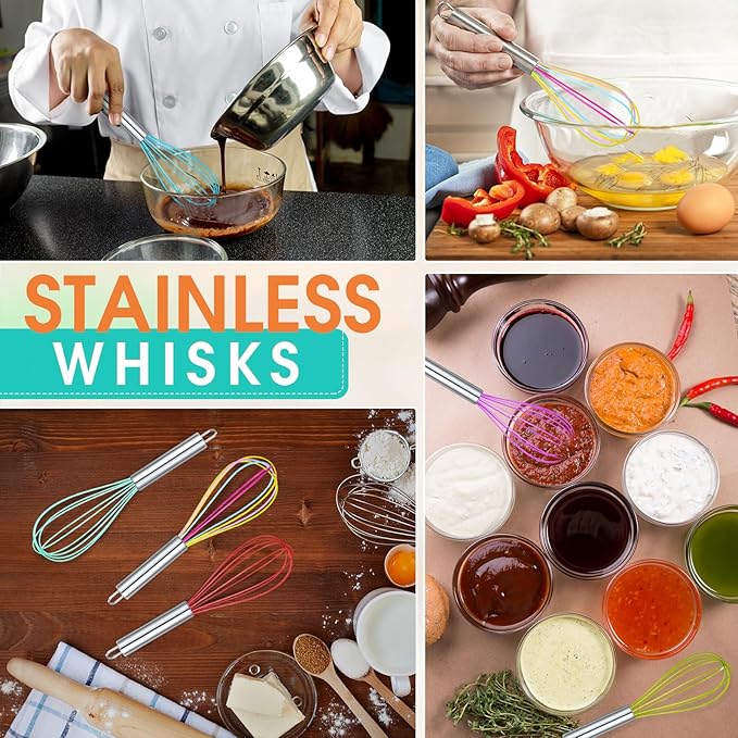 Domensi 24 Pcs 8 Inch Christmas Whisks Bulk for Cooking Silicone Whisks Non Scratch Stainless Steel Whisk Coated Metal Heat Resistant Egg Beaters for Holiday Party Favor Gift Supplies