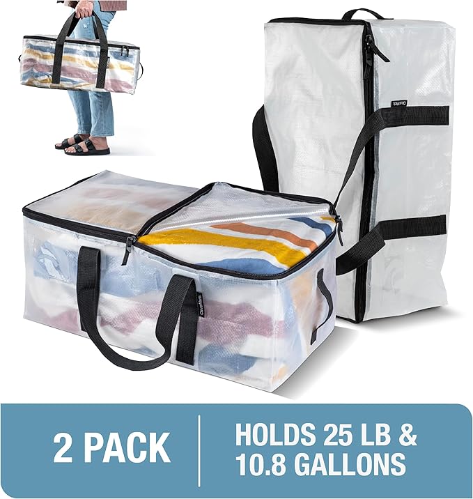CleverMade Foldable Storage Container Bags, Pack of 2 Heavy Duty Plastic Reusable Oversized Packing, Under Bed or Duffel Storage Bins for Dorm Room Home Utility Laundry Grocery Shopping Travel